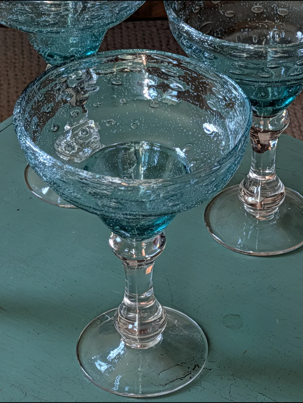 Handblown Teal Bubble Glass Coupe Margarita Elegant Home Dining Glassware Set 4